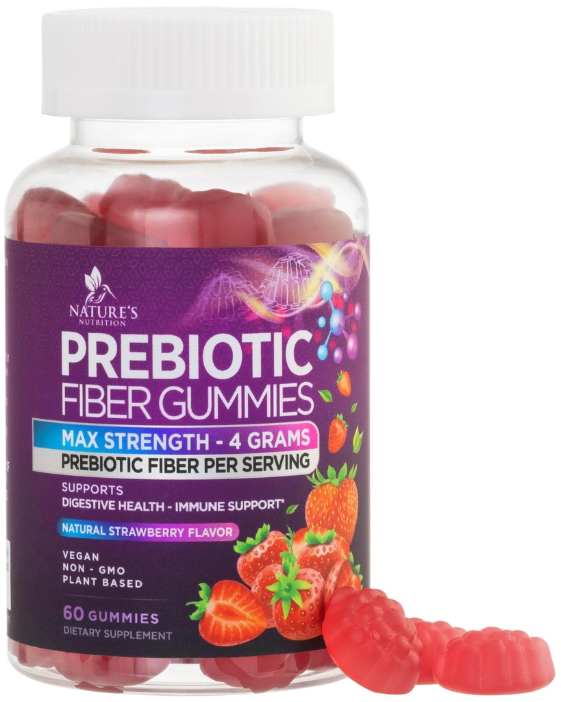 Gumiile de fibre pentru adulți, Daily 4g Gummy Fiber Supplement, Prebiotic Gummy Digestive Health Support - Plant based Soluble Fiber Chews, Prebiotics Supports Regularity & Digestion Non-GMO - 60 Gummies