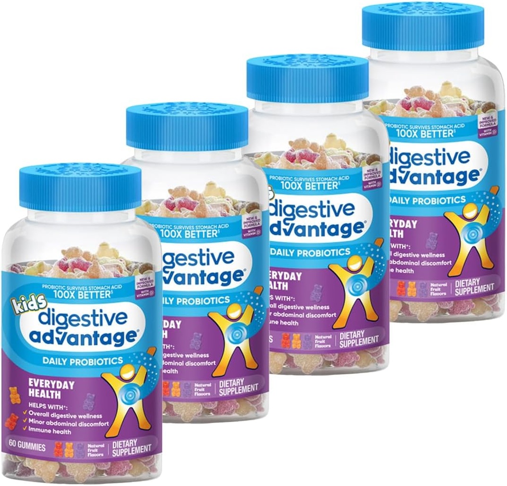 Avantaje digestive Copii Aroma de fructe naturale Gume probiotice pentru copii Ocazional Blooting, Disconfort abdominal minor & Gut Health, 60 Conte Gummies (4 Pack)