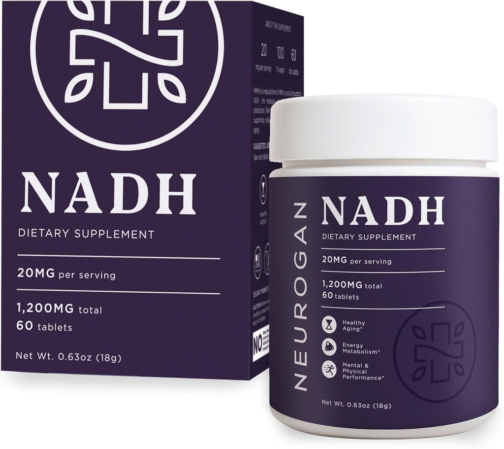 Comprimatele de Neurogan NADH - 20 mg per servire, 60 Ct - Energie celulară, Îmbătrânire sănătoasă, Cognitive, Suplimente pentru sănătate cardiacă - Nicotinamidă Adeninamidă Dinucleotidă Hidride reduse Suplimentul NAD