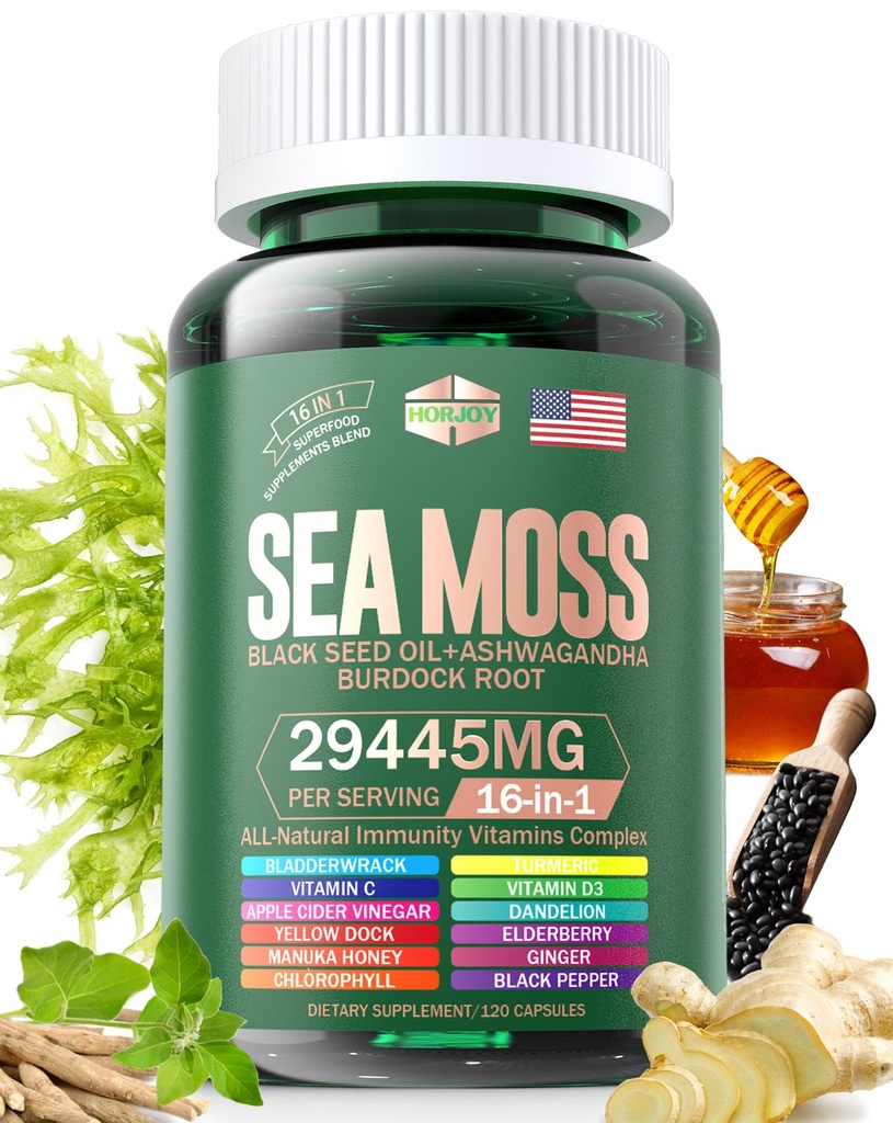 Sea Moss 12000mg Black Seed Oil 6000mg Ashwagandha 3000mg Turmeric 1000mg Bladderwrack 2000mg Burdock 3000mg & Vitamina C & D3 cu Elderberry Manuka Yellow Dock Iod Clorofill ACV