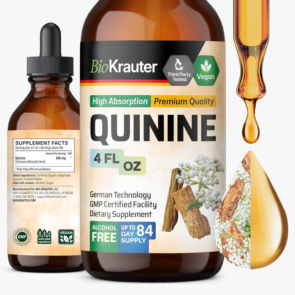 BIO KRAUTER Quinine for Leg Cramps Tincture - Cinchona Bark Extract - Vegan Quinine Liquid - Alcool & Sugar Free Extract 4 Fl.Oz.