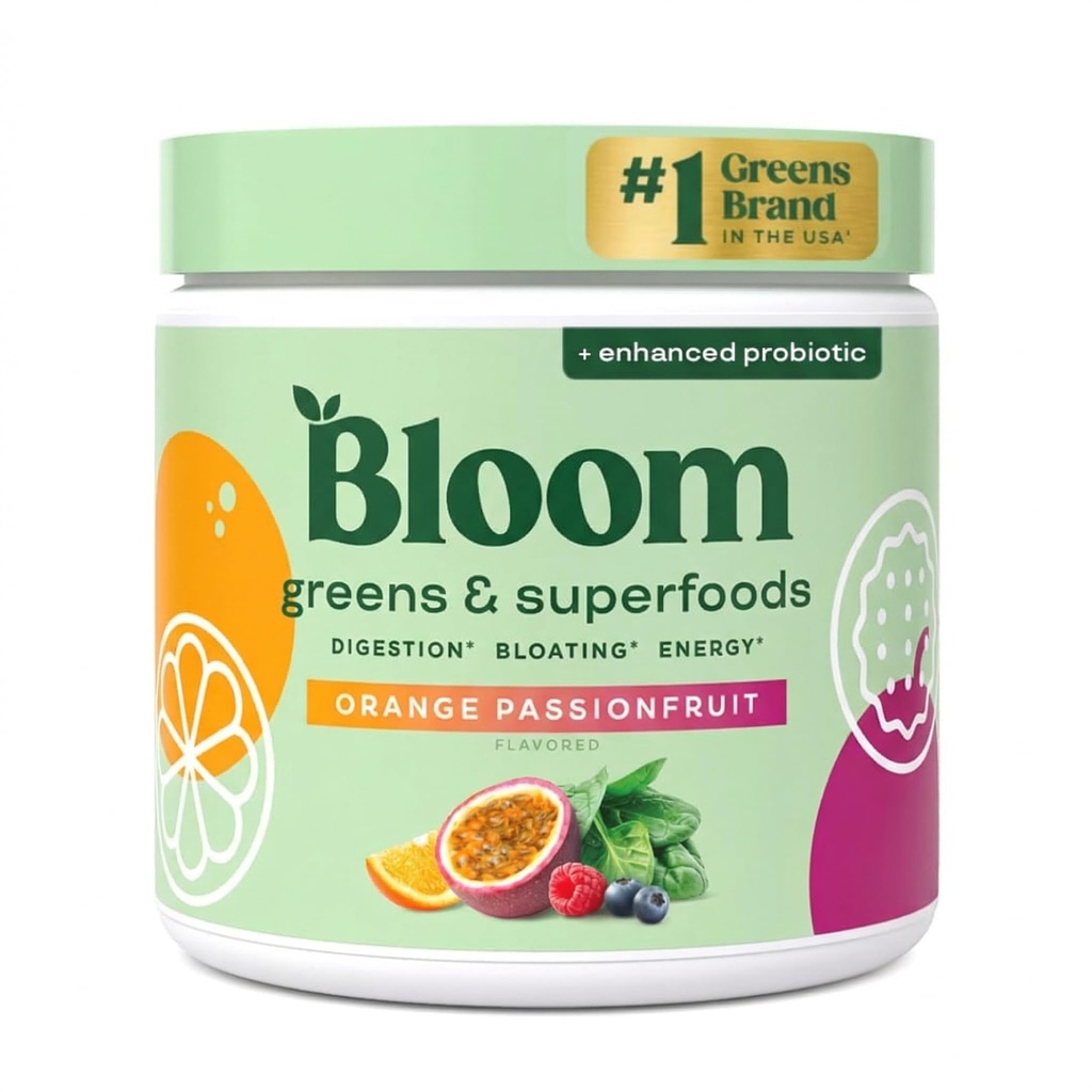 Bloom Nutriție Superfood Greens Powder, Enzime digestive cu Probiotice și Prebiotice, Sanatate Gut, Blooting Relief pentru femei, Chlorella, suc Mix w/Beet Root Powder, 30 SVG, Orange Passionfruit