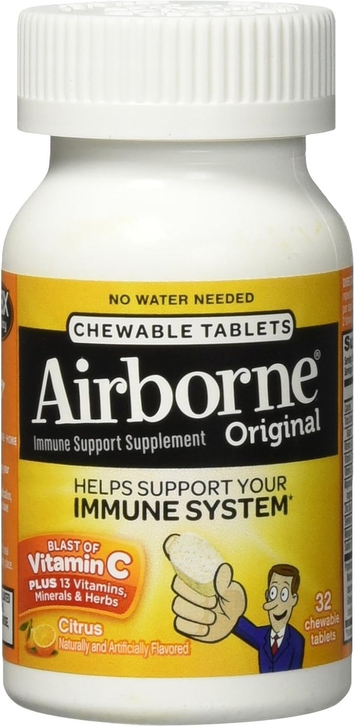 Comprimate Airborne Citrus Chewable, 32 conta - 1000 mg de vitamina C - supliment de sprijin imun (Packing May Vary)