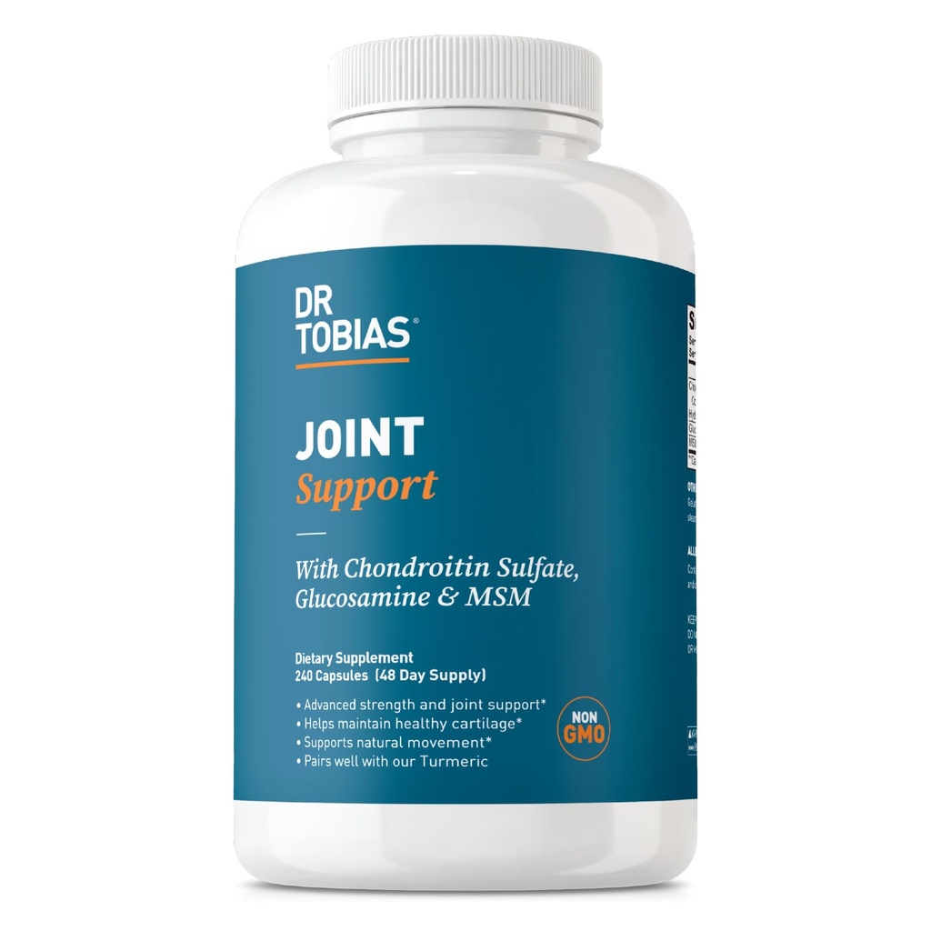 Dr. Tobias Suplimentul comun de suport cu Glucosamină Chondroitin MSM, Suportă tesut Connectiv, Functie & Flexibilitate, Suplimente suplimentare pentru barbati si femei, 240 Capsule
