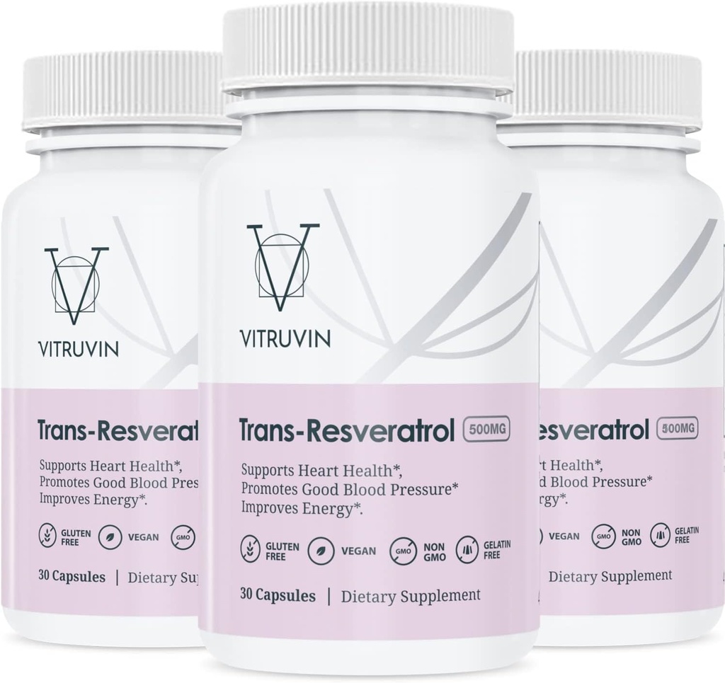 Vitruvin Trans-Resveratrol 500mg, 3 sticle Pack, Vegan, Non-GMO, Gluten-Free, Gelatină-Free.