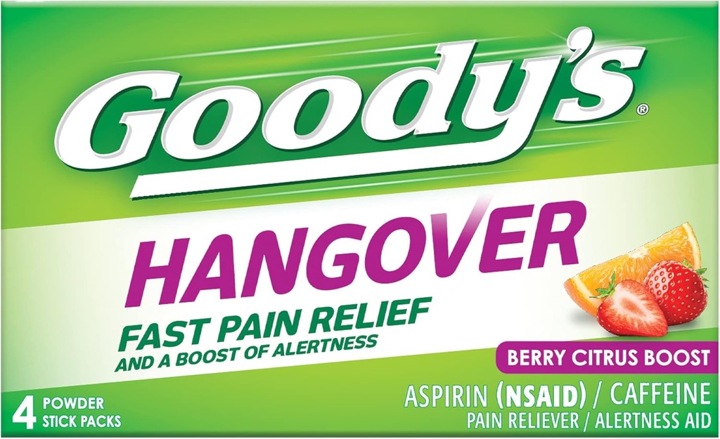 Pulbere de mahmureală a lui Goody, Relief de durere rapidă & Boost de alertă Berry Citrus, 4 ct (Pachet de 1)