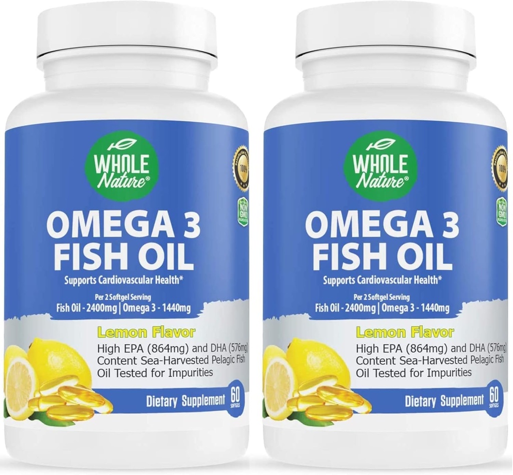 Omega 3 Suplimente de ulei de pește, puterea maximă 2400 mg Omega-3, 1440 mg ulei de pește, EPA și DHA acidi grasi, inima, Brain & Immune Suport pentru femei și bărbați. Aroma de lamaie naturale, 120ct (2)
