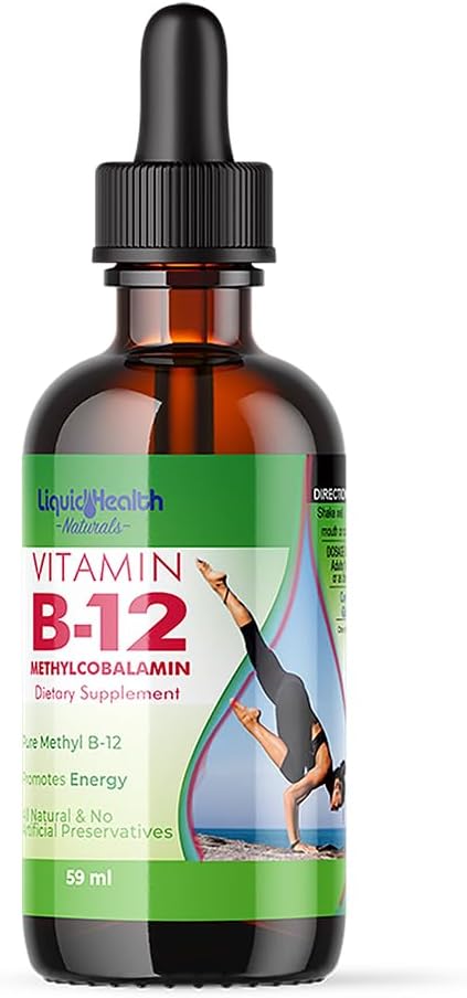 LIQUIDHEALTH Vitamina B12 Metilcobalamină Picături lichide cu hidroxocobalamină sublinguală - Boost Energy, Sistem imunitar de sprijin, Îmbunătăţirea memoriei şi concentraţiei - Made in The USA, Vegan, Non-GMO (2 oz)