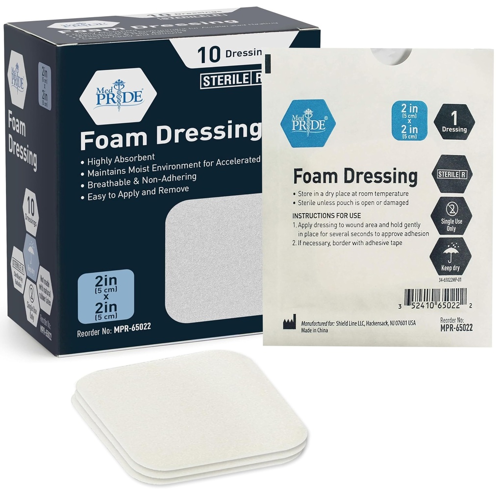 MED MÂNDRIE Foam Steril Dressings for Wounds, Soft Absorbtion Non-Adeziv Padding de spumă medicală impermeabilă pentru Ulcers, Leziuni (2x2 Inch (Pachet de 10))
