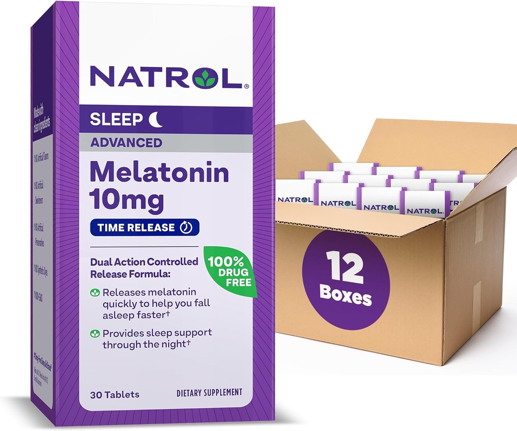 Natrol Advanced Sleep Melatonin 10mg, Supliment alimentar pentru somn odihnitor, Time Release Melatonin Tablets, 30 Time-Release Tablete, 30 zile de aprovizionare (Pachet de 12)