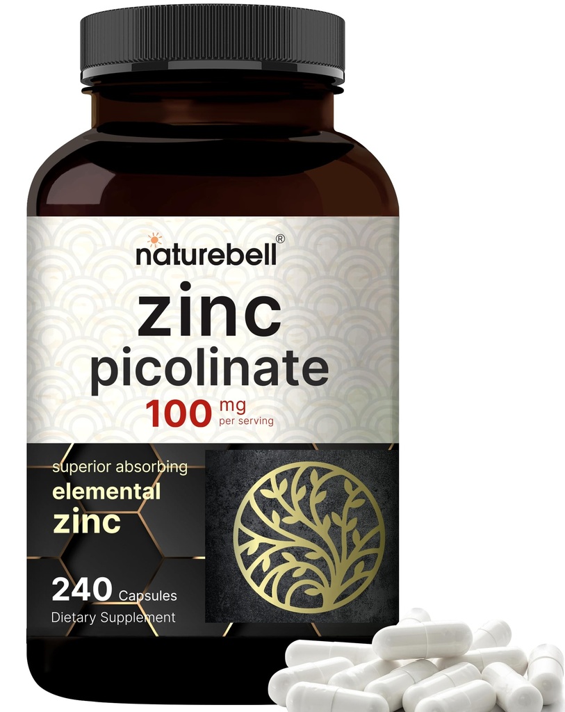 Picolinat de zinc de înaltă potenţă 100mg - 240 capsule, formă biodisponibilă de zinc pentru suport imunitar şi sănătatea pielii - non-GMO şi gluten
