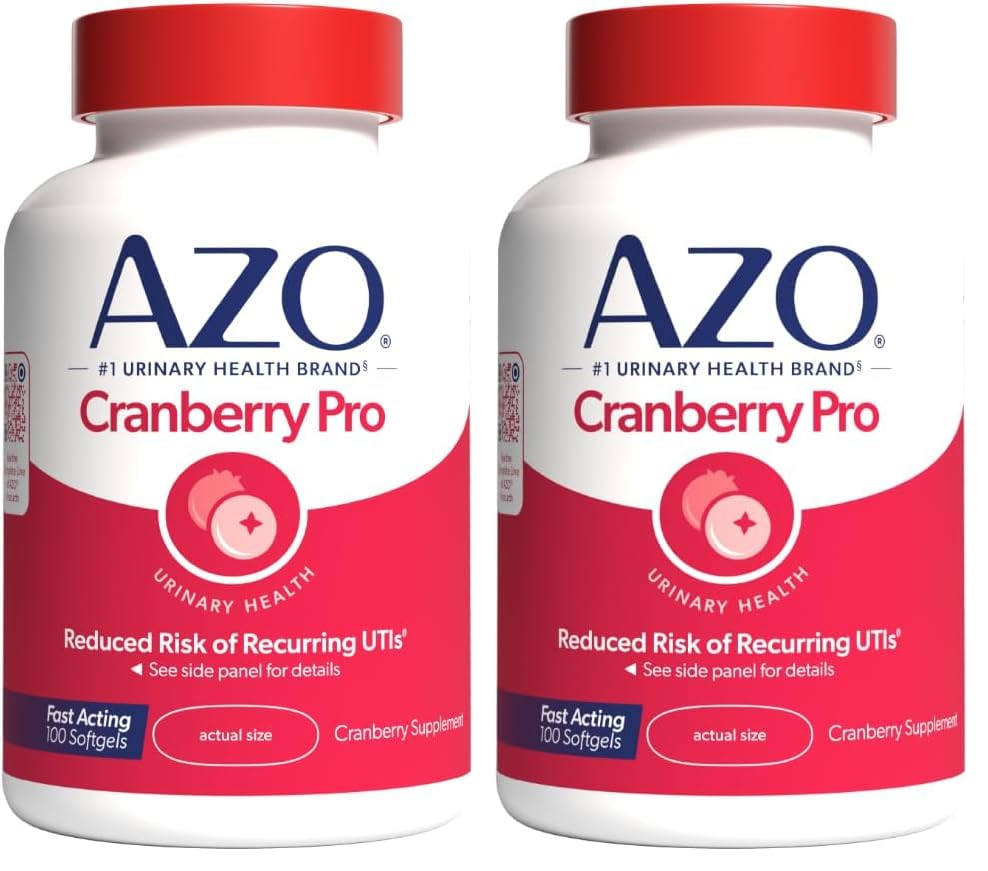AZO Cranberry Pro tractului urinar Suplimentul de sănătate 600mg PACRAN, 1 Servire: mai mult de 1 pahar de suc de afine, Pastile de zahăr fără afine, non-GMO 100 Softgels (Pachet de 2)