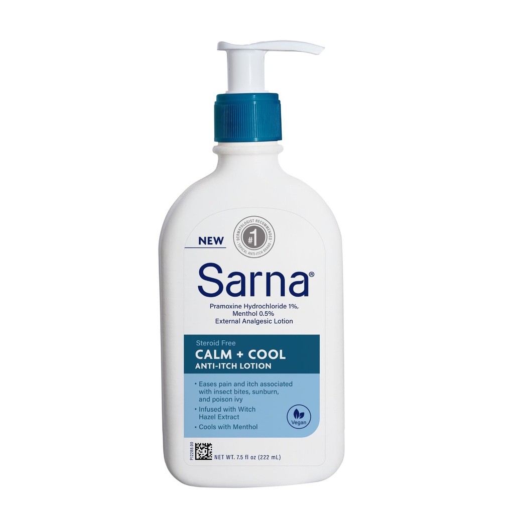 Sarna Calm + Cool Anti-Itch Lotion, Soothe and Relieve Pain and Itch from Insect Bites, Sunburn, & Poison Ivy, Conține 1% Pramoxine clorhidrat, 0,5% Mentol, Vegan, Steroizi-Free, 7.5oz