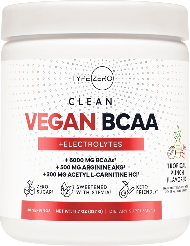 Type Zero Ultra Clean Vegan BCAA Powder + Electrolytes (Tropical Punch | 6G) 2:1:1 Sugar-Free/No Sucralose BCAAs Amino Acids Supplement - BCAA Vegan Amino Acids After Workout Drink