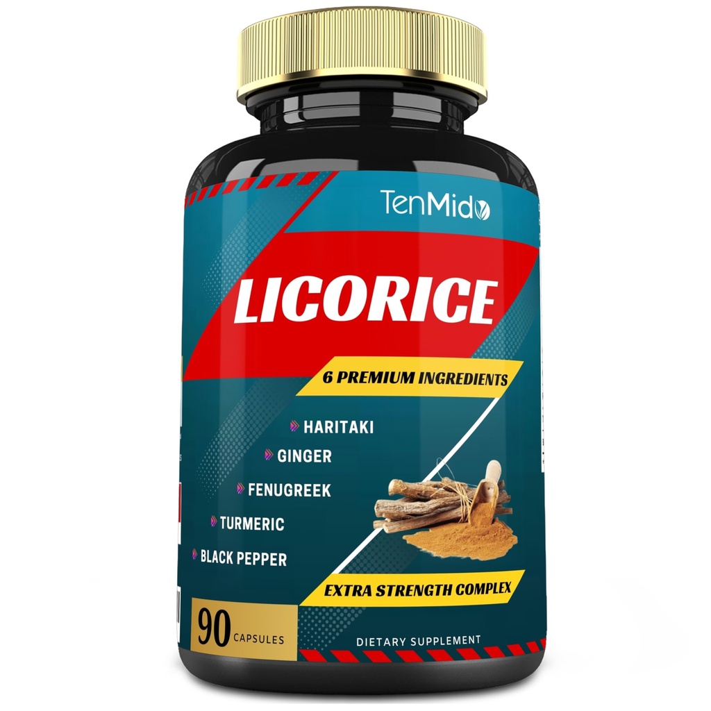 Capsule Extract de lemn dulce cu turmeric, ghimbir, schinduf, Haritaki, Pepper negru - functia de suport Digestion - 90 Caps, 3 luni de aprovizionare