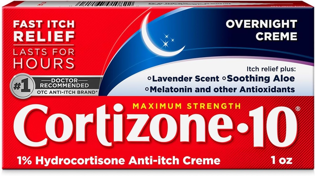 Cortizone-10 Putere maximă Overnight Itch Relief Cream, 1% Hydrocortizon, Fast-Actioning, Lavender Scented Anti-Itch Cream pentru Bug Bites, Eczeme, Psoriazis, Poison Ivy, Oak, Sumac, 1 oz