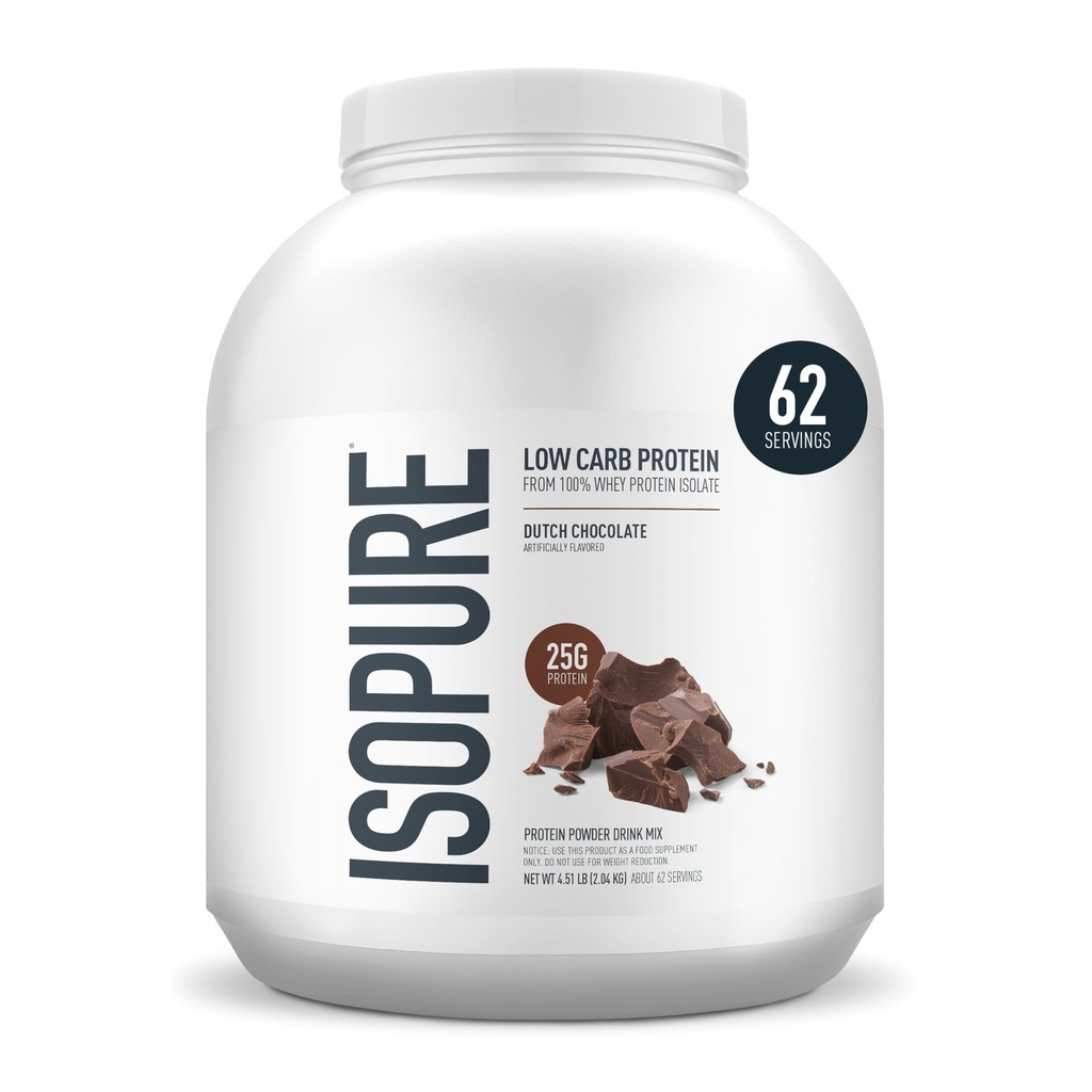 Isopure Low Carb 100% Pure Whey Izolate Proteine Pulbere, Lactoză gratuit, Gluten gratuit, Cu vitamine, Ciocolată olandeză, 25g Proteine Per Serving, 4,5 Lbs, 62 Serviri (Packing May Vary)
