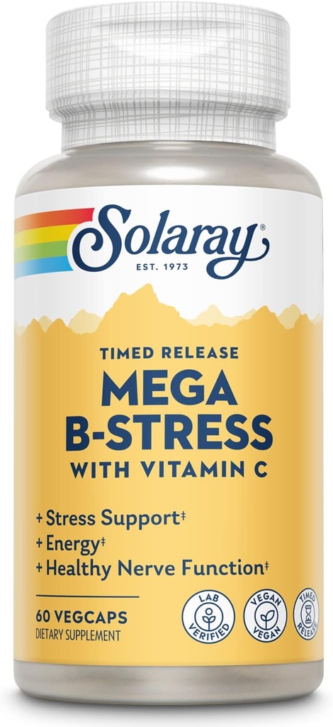 SOLARAY Mega Vitamina B-stress, Timed-Release Vitamina B Complex cu 1000 mg de vitamina C pentru stres, energie, Red Blood Cell & Immune Support, 60 Day Guarantee, Vegan, 20 Serviri, 60 VegCaps
