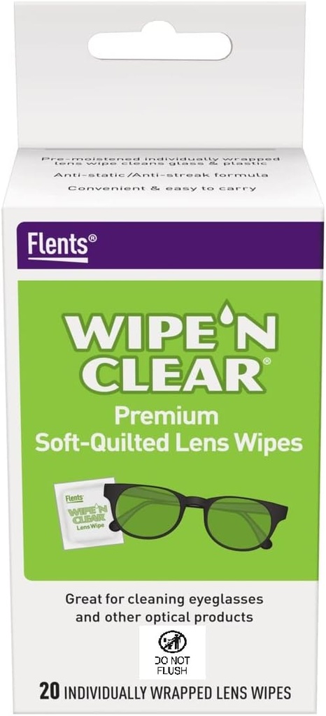 Flents Lens Wipes, Wipe 'N Clear, 20 Count, Pre-Moistened, Streak-Free, Seif pentru Ochelari, Anti-Fog, Curăţenie blândă, Viziune clară, Înfăşurat individual pentru călătorie & Convenienţă, Made in the USA