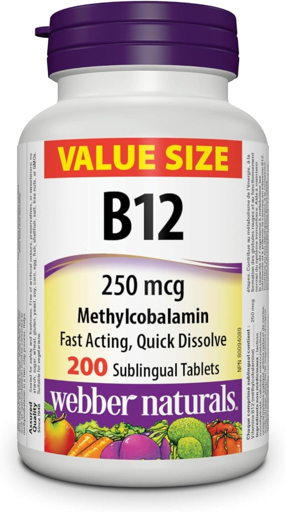 Webber Naturals Vitamina B12 250 mcg Metilcobalamină, 200 comprimate sublinguale