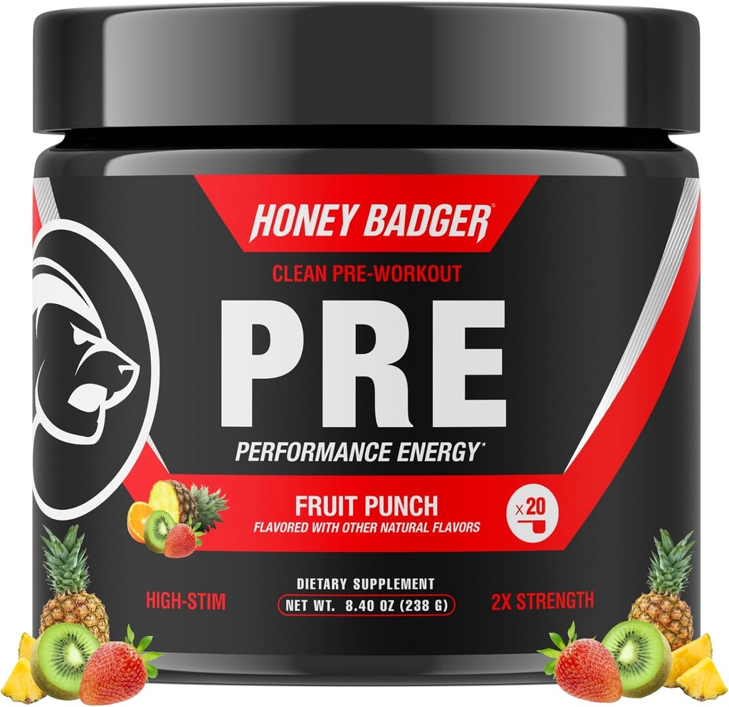 Honey Badger Pre Workout Powder, Keto Vegan Preworkout pentru bărbaţi şi femei, Beta Alanine & Cafeina, Sugar Free Natural Energy Supplement, Fruit Punch (High-Stim)