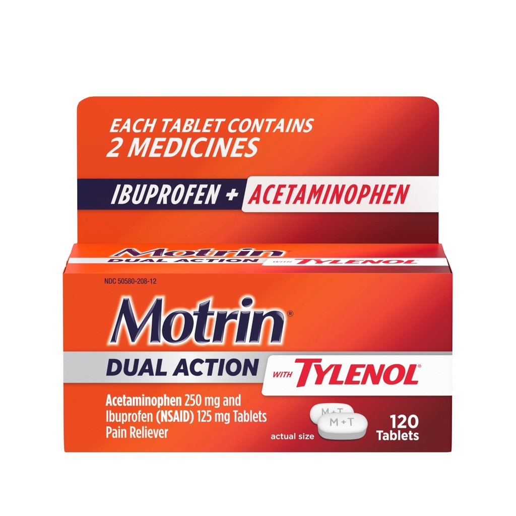 Motrin Acţiune dublă cu Tylenol, Ibuprofen & Acetaminofen Durere cu acţiune dublă cu acţiune rapidă Reliever pentru dureri şi dureri minore, Ibuprofen (AINS) 125 mg & Acetaminofen 250 mg, 120 ct