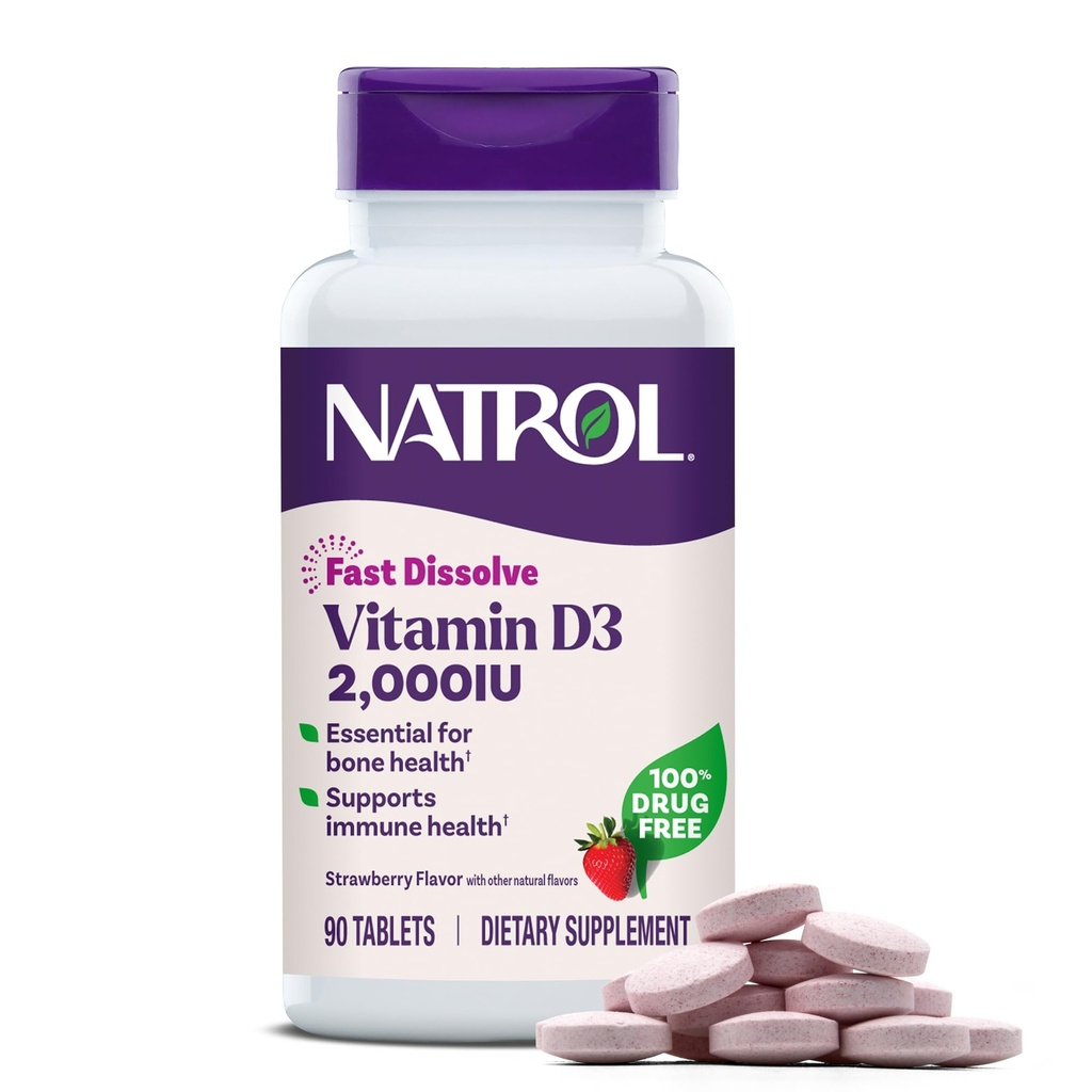 Natrol rapid dizolva vitamina D3 2000 UI, Supliment alimentar pentru sanatatea osoasa si comuna, Supliment de suport osos, 90 comprimate, 90 zile de aprovizionare