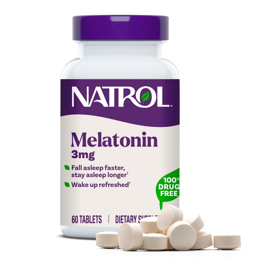 Natrol Melatonina 3 mg, Supliment alimentar pentru somn odihnitor, Suplimente de somn pentru adulţi, 60 comprimate melatonina, 60 zile de aprovizionare