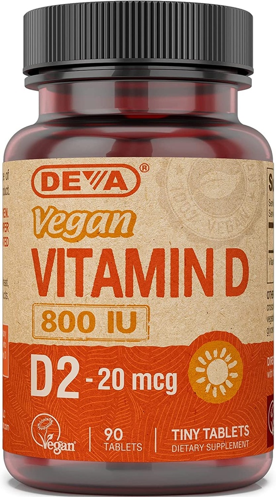 DEVA Vegan Vitamina D2 800 UI, Ergocalciferol Supliment cu nici un ingredient animal, 90 comprimate, 1-pack