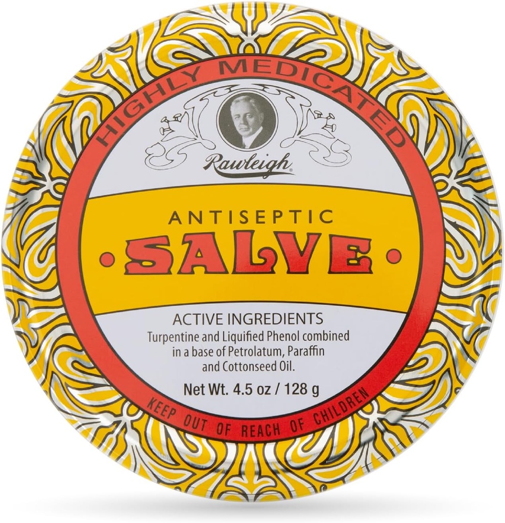 Rawleigh Antiseptic Salve Iconic Yellow Big Tin: 4.5 oz, Natural, Multi-Purpose Ointment Soothes Skin Cuts, Vânătăi, Iritații, cu terebentină, Fenol, Ulei de semințe de bumbac, Formula originală - Pachet de 1