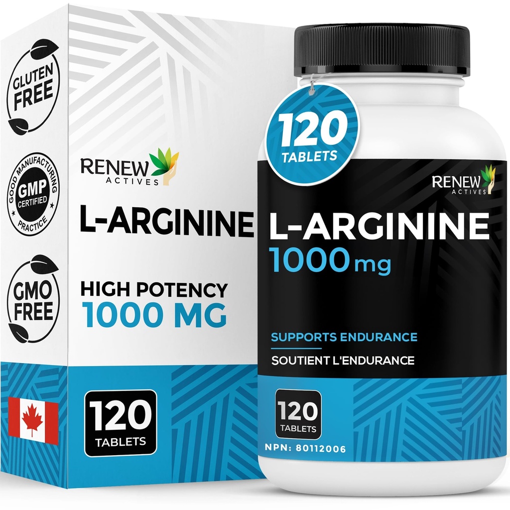 Reînnoirea Active L-Arginină Suplimentul 1000MG pentru servire - Rezistenţă şi rezistenţă, esenţială pentru Sinteza proteică şi funcţia musculară, Booster de performanţă fizică - Made in Canada - 120 comprimate
