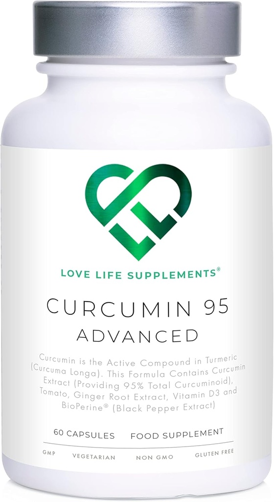 Curcumin 95 Advanced, 60 Capsule, Curcumină de înaltă rezistență (componenta activă a turmeric) cu 95% Curcuminoide + BioPerine® (Extract de Pepper negru), vitamina D, roșii și rădăcină de ghimbir, GMP aprobat