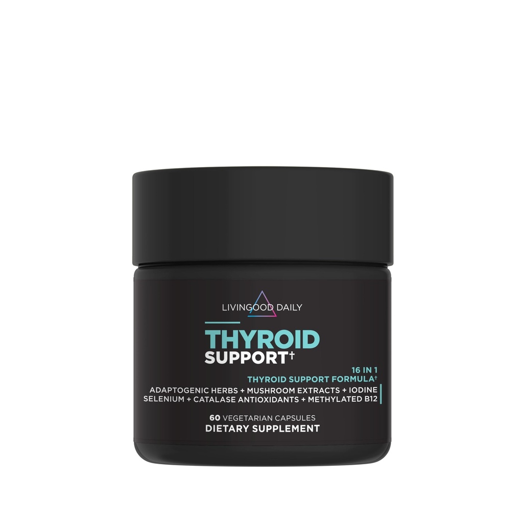Livingood Zilnic supliment suport tiroidian, 16-in-1 Wellness Blend cu plante aromatice adaptogene, iod, magneziu și seleniu, suport tiroidian pentru femei și bărbați, Capsule vegetariene, Gluten gratuit, 60 Conte