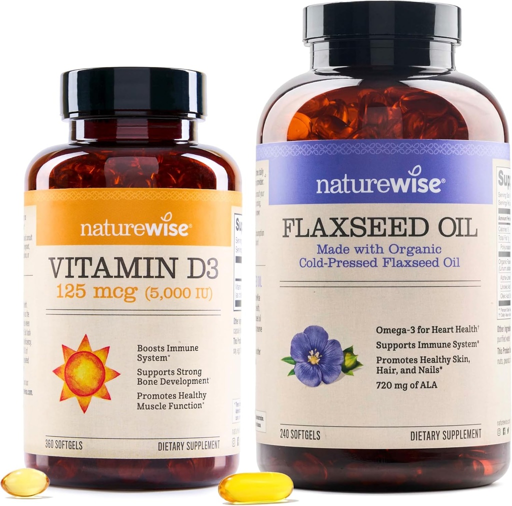 NatureWise Vitamina D3 5000iu (125 mcg) 1 an de aprovizionare pentru functia musculara sanatoasa, si Immunum de sprijin ulei de semințe de in organice Max 720mg ALA 
