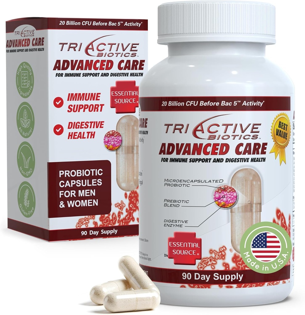 Essential Source TriActive Biotics Advanced Care - 20 Miliarde Probiotice CFU pentru sanatate digestiva, Supplement de suport imunitar, Probiotice microcapsulate pentru femei si barbati, 90 Ct Capsule