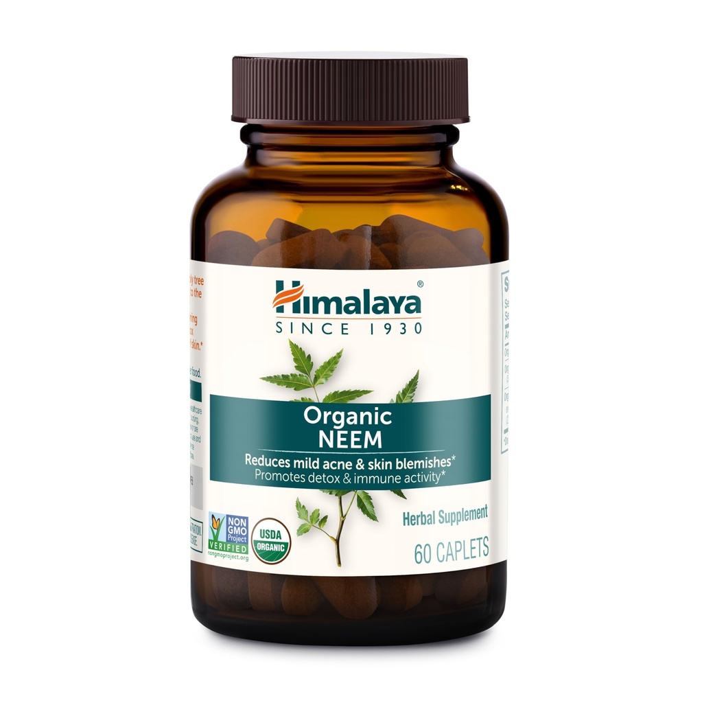 Himalaya Organic Neem, 60 Day Supply - Suplimente Herbal Acnee Suporting Clear Skin and Detox - USDA Organic, Vegan, Non-GMO, Gluten Free, 600 mg, 60 Caplete