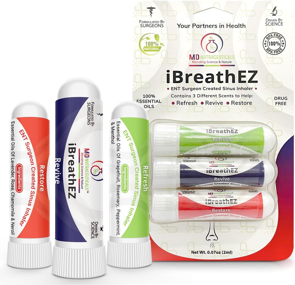 iBreathEZ Nasal Sinus Inhaler Kit Formulat de ENT Chirurgi cu uleiuri esențiale pentru energie, stres, decongestionare & rece sau alergie Relief (3 ambalaj)