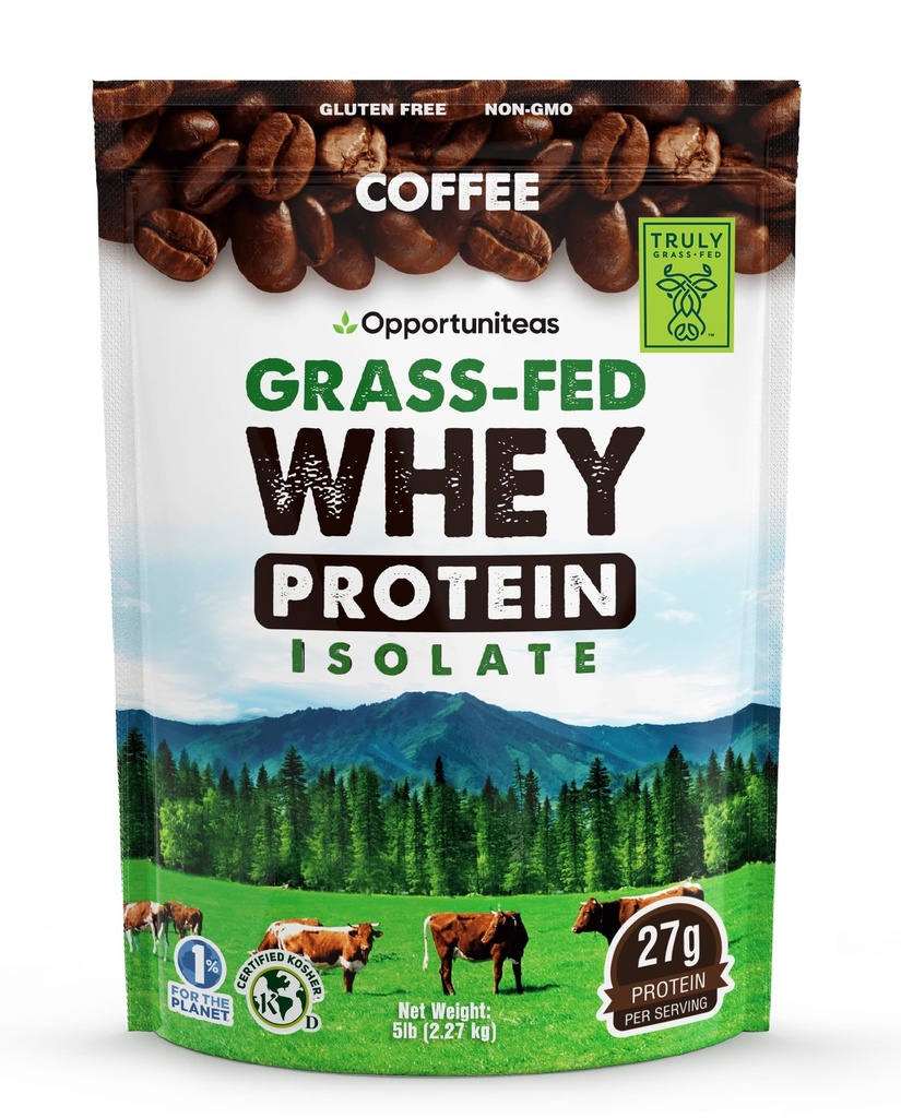 Opportuniteas Grass Fed Coffee Whey Proteine Izolate Pulbere - 27g Proteine Pulbere fără dulciuri artificiale, 60mg Cafeina, Hormone-Free Vaci - 5lb