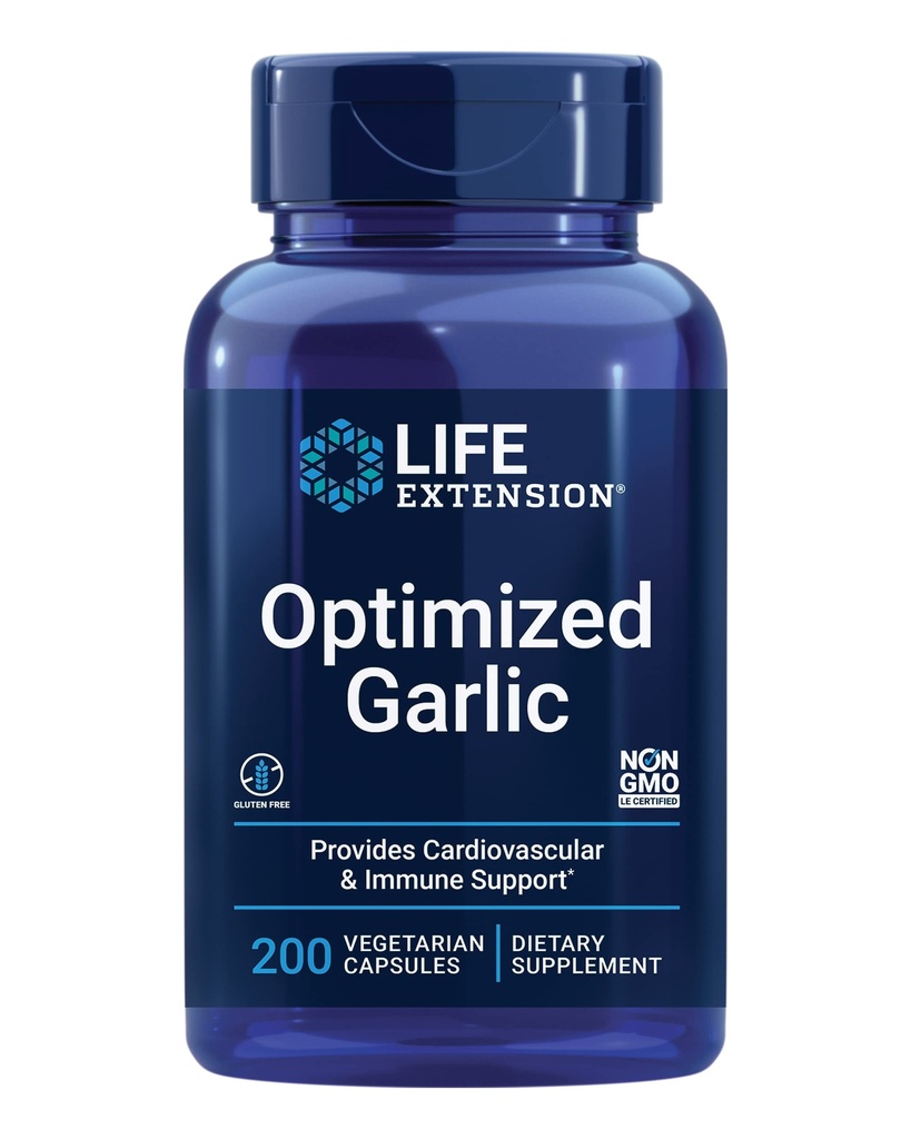 Extensie de viaţă Usturoi optimizat, capsule standardizate pentru Heart Health, Suport Immun, Detoxifiere Cellulară şi Funcţia plachetară sănătoasă, Gluten-Free, Non-GMO, Vegetarian, 200 Capsule