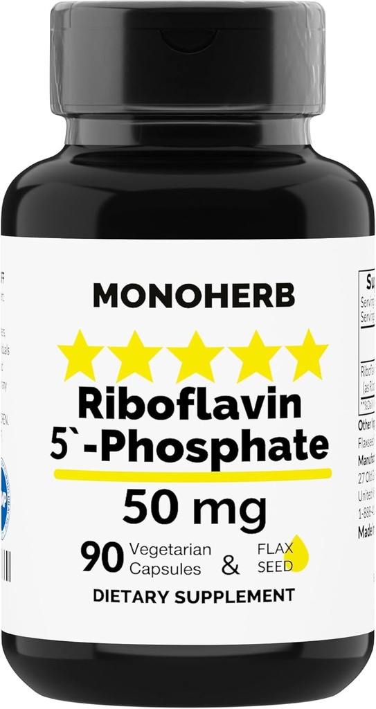 MONOHERB Riboflavin 5'- Phosphate 50 mg - 90 Capsule vegetariene - Vitamina B2 bioactivă - Made in USA