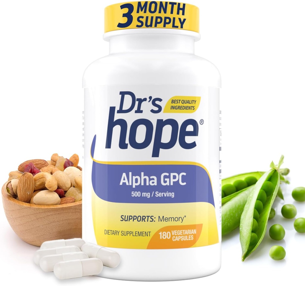 Alpha GPC 500mg, Alpha GPC Supliment - Suporturi Memorie și Funcția cognitivă - 180 Capsule Veggie, Made in the USA