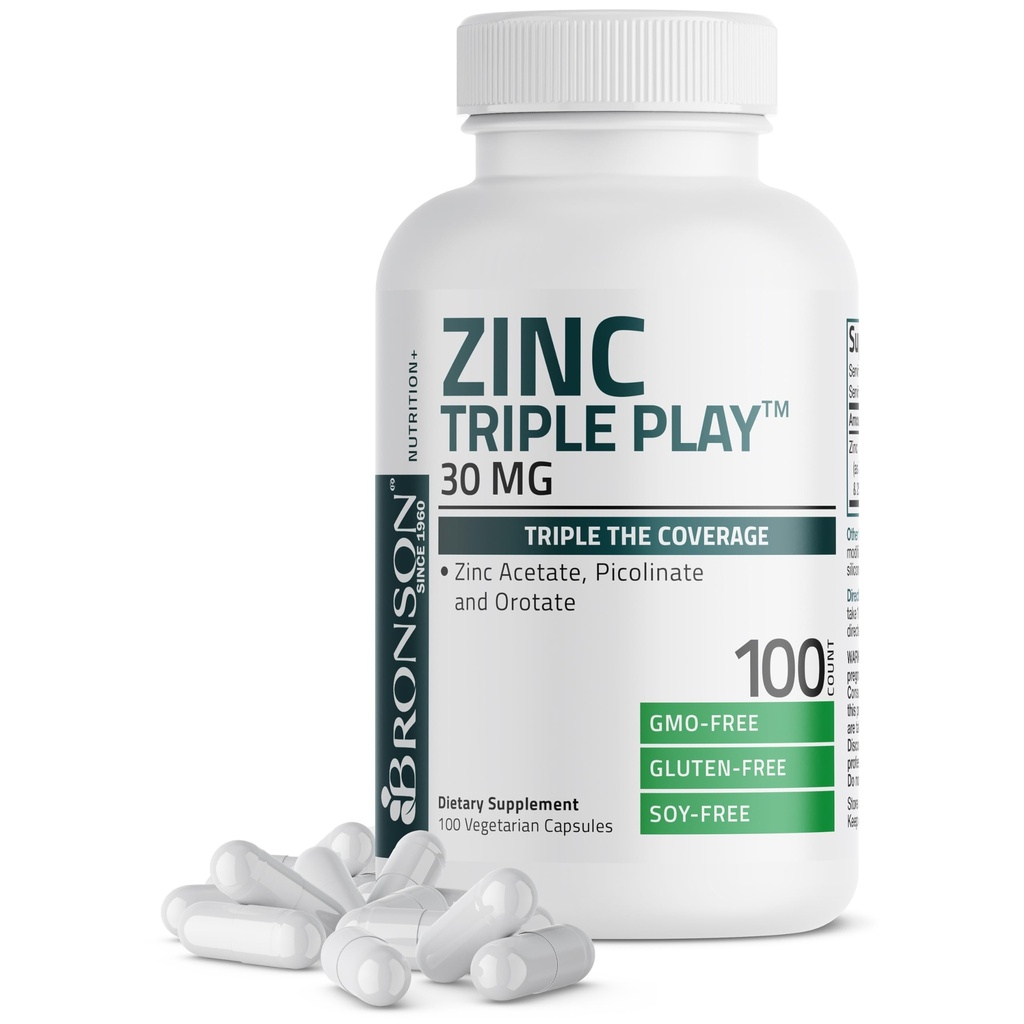 Bronson Zinc Triple Joaca 30 mg Triple Suport Imun cu acetat de zinc, Picolinat & Orotate - Immune, Antioxidant & Skin Health Support - 100 Capsule vegetariene