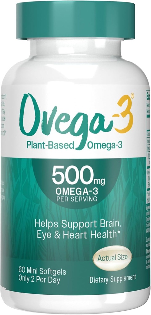 OVEGA-3 Plant-Based Omega-3 din Algal Oil Daily Supplement, 500mg, Supports Brain, Eye & Heart Health, Două mini softgels pe zi, 60 Conte