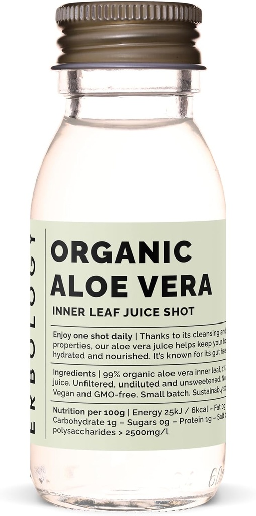 Erbology Organic Aloe Vera Juice 12 Daily Shots (2 fl oz) - Imunity Support and Detox - from Inner Leaf - Direct from Farm in Spain - Undiluted - No Added Sugar - Non-GMO - Reciclable Glass Bottle