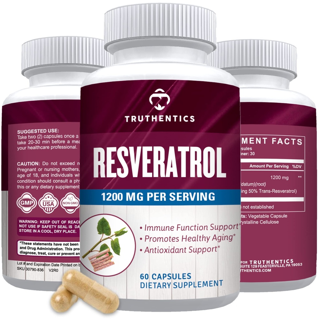 TRUTHENTICS Resveratrol Supliment 1200mg - Capsule japoneze Knotweed - Mare potenta Trans Resveratrol Suplimente nutritionale pentru imbatranire sanatoasa, Vibrant Skin & Immune Health - 60 Vegan capsule