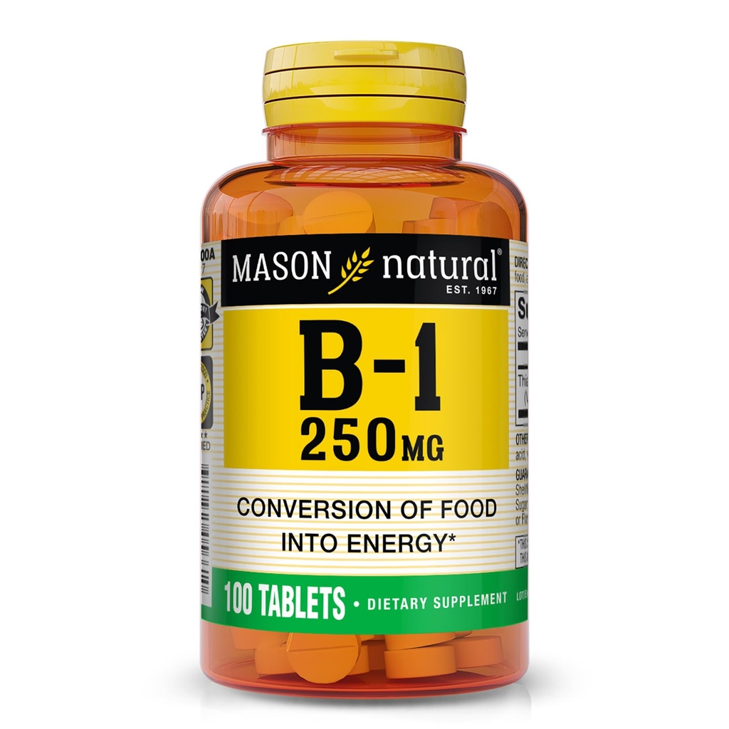 MASON NATURAL Vitamina B,1 Tiamine 250 mg, 100 de zile de aprovizionare Supliment alimentar, Easy,to,Swallow Tablets, Suport Producţia de energie şi metabolice sănătoase