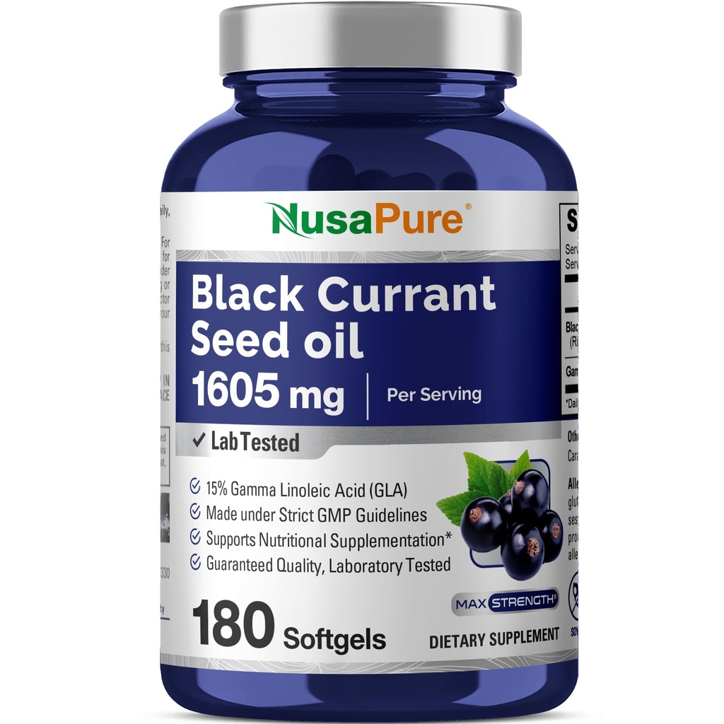 NusaPure Black Currant Ulei de semințe 1605 mg Acid Gamma Linoleic (GLA) 15% 180 Softgels (Non-GMO, Soyfree)