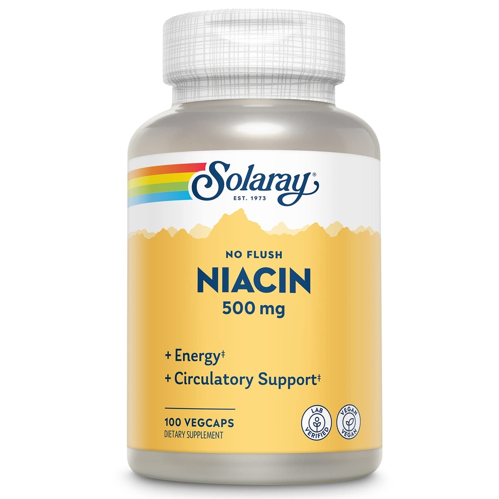 SOLARAY No Flush Niacin 500mg, Flush-Free Vitamina B3 Niacina, Energie si Sistemul Circulator Suport, Vegan, Lab Verified, 60-Day Money-Back Garantie, 100 Serviri, 100 VegCaps
