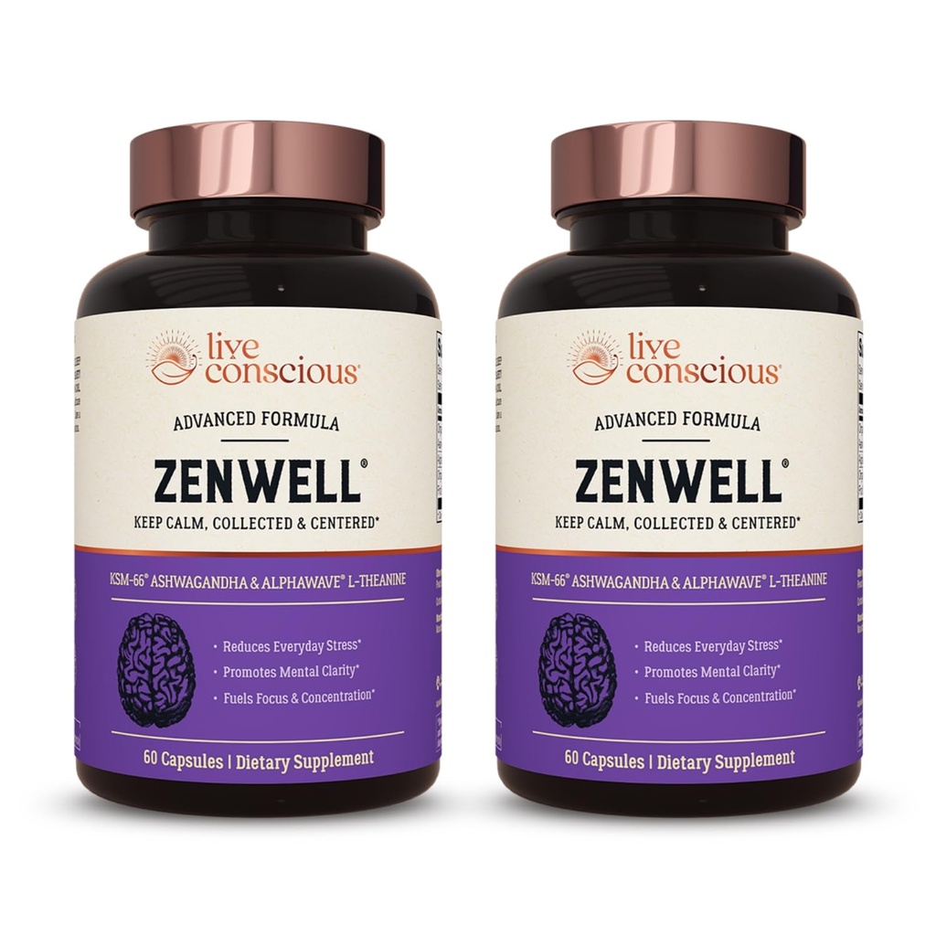 Conștientă în viață KSM-66 Ashwagandha Supliment w/L Theanine & AlphaWave - ZenWell Relief de stres în fiecare zi, Cognitive, Brain Health - Ashwagandha pentru bărbați și femei - 60 capsule (2-Pack)