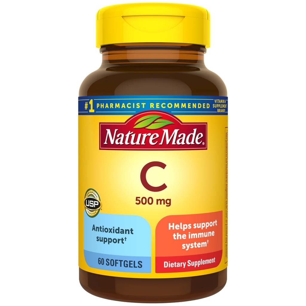 Natura Made Vitamina C 500 mg, Supliment alimentar vitamina C pentru suport imunitar, 60 Softgels, 60 de zile de aprovizionare